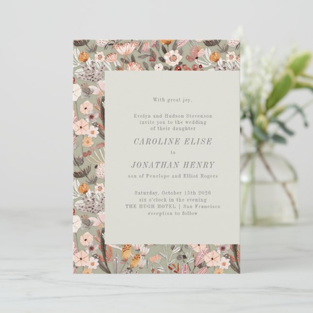 Rustic Sage Floral Boho Formal Wedding Invitation (Standing Front)