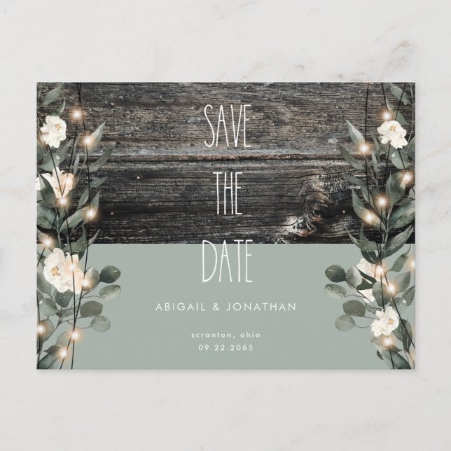 Rustic Sage Foliage White Floral Save the Date Invitation Postcard (Front)