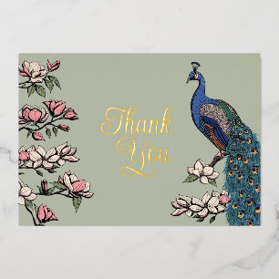 Rustic Sage Green and Gold Peacock Thank You Card