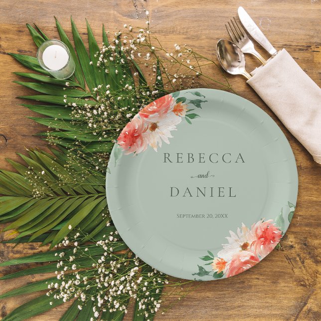 Rustic Sage Green and Orange Wildflowers Wedding Paper Plate (Creator Uploaded)