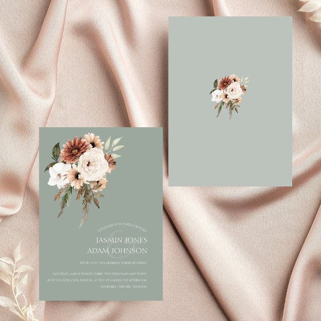 Rustic Sage Green and Peach Floral Wedding Invitation (Rustic Sage Green Peach Floral Wedding Invitation)