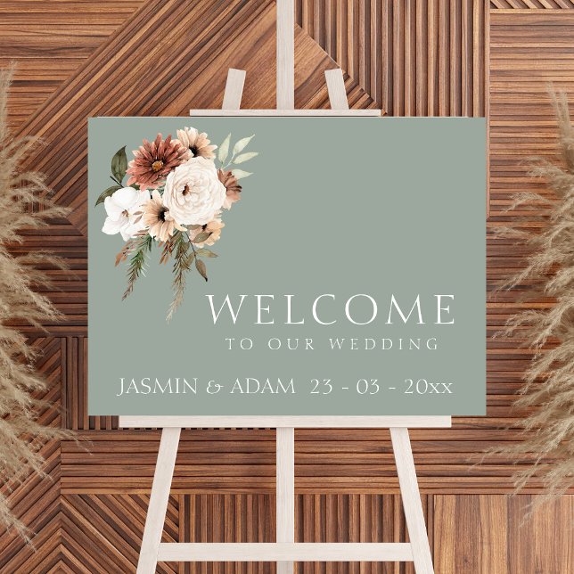 Rustic Sage Green and Peach Floral Wedding Welcome Poster (Rustic Green Peach Floral Wedding Welcome Sign)