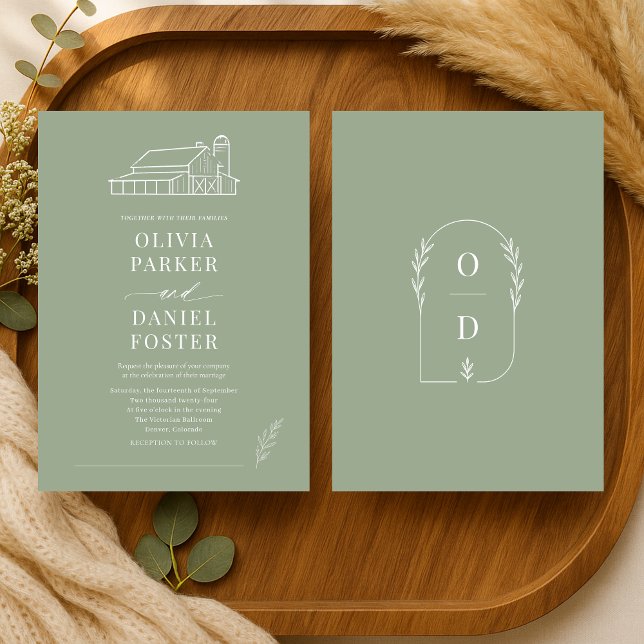 Rustic Sage Green Barn Farmhouse Wedding Invitation (Creator Uploaded)