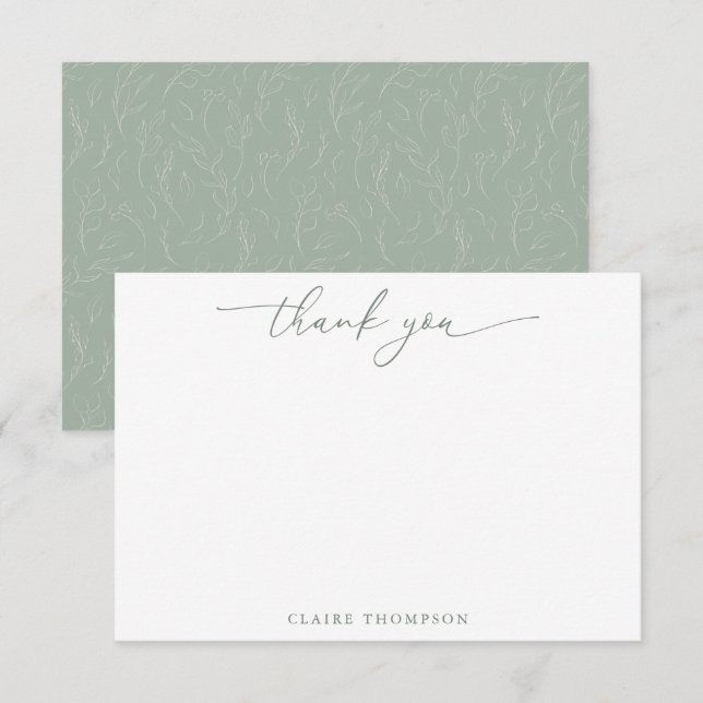 Rustic Sage Green Botanical Custom Script Name Thank You Card (Front/Back)
