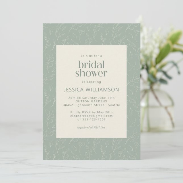 Rustic Sage Green Botanical Floral Bridal Shower Invitation (Standing Front)