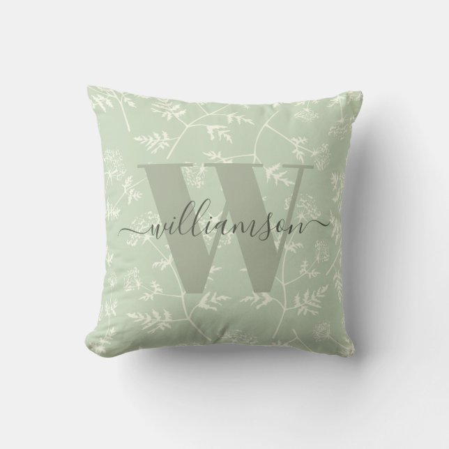 Rustic Sage Green Botanical Floral Monogrammed Cushion (Front)