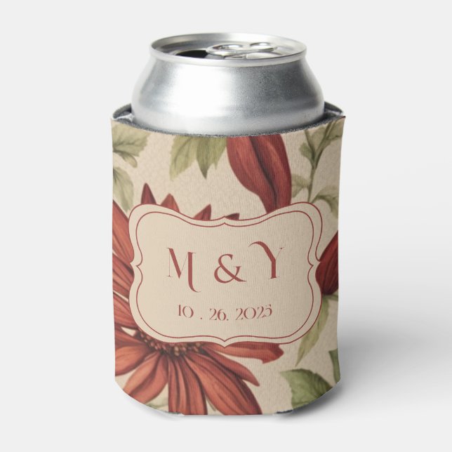 Rustic Sage Green & Burgundy Red Floral Autumn Can Cooler (Can Front)