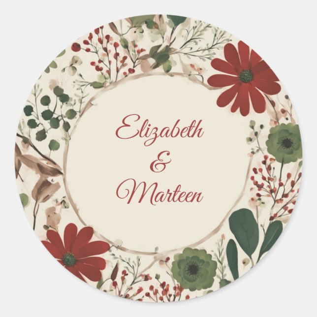 Rustic Sage Green & Burgundy Red Floral Autumn Classic Round Sticker (Front)