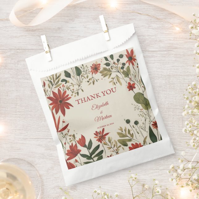 Rustic Sage Green & Burgundy Red Floral Autumn Favour Bag (Clipped)