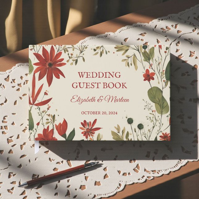 Rustic Sage Green & Burgundy Red Floral Autumn Guest Book (Creator Uploaded)