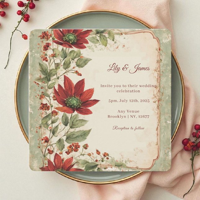 Rustic Sage Green & Burgundy Red Floral Autumn  Invitation (Creator Uploaded)