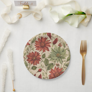 Rustic Sage Green & Burgundy Red Floral Autumn Paper Plate