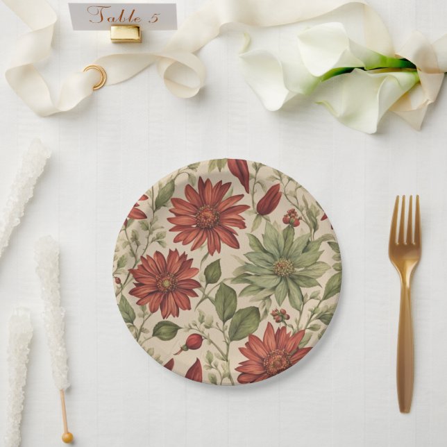Rustic Sage Green & Burgundy Red Floral Autumn Paper Plate (Wedding)