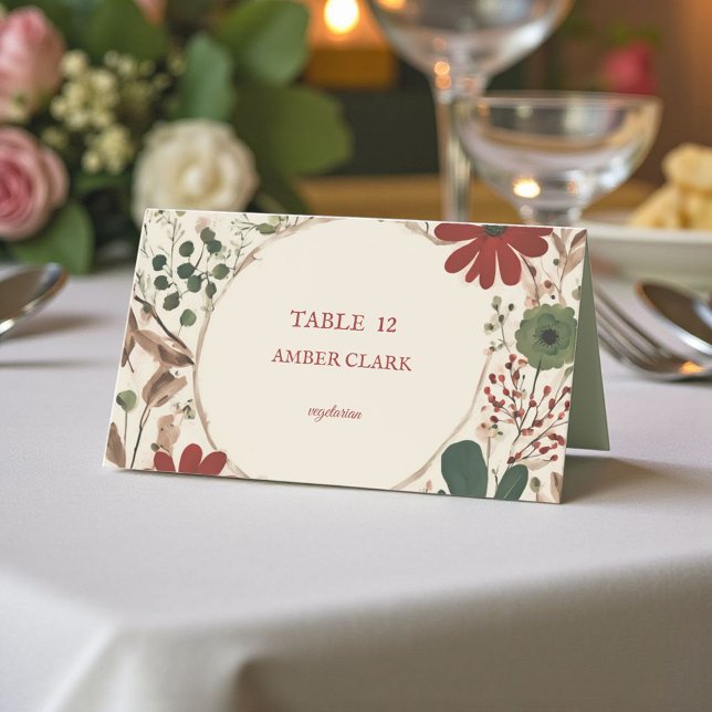 Rustic Sage Green & Burgundy Red Floral Autumn Place Card (Creator Uploaded)