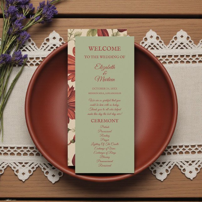 Rustic Sage Green & Burgundy Red Floral Autumn Program (Creator Uploaded)