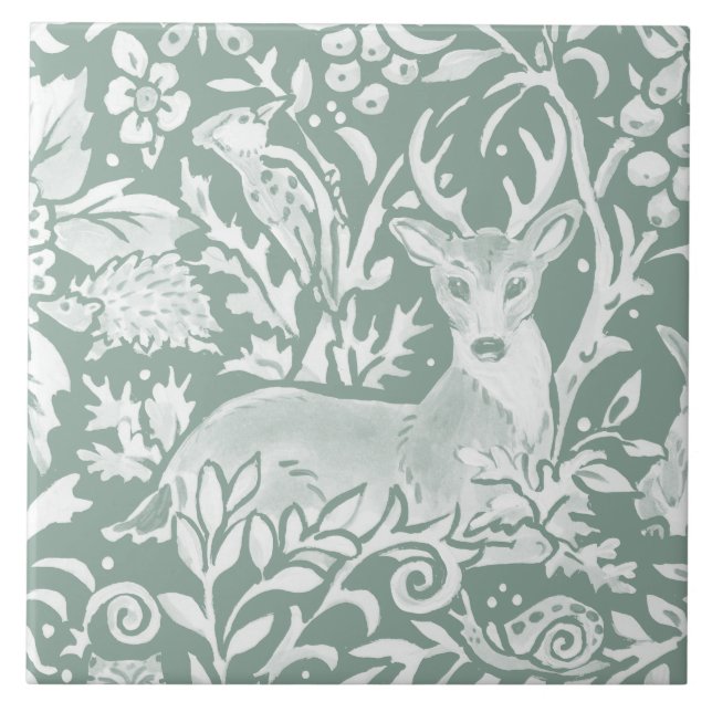 Rustic Sage Green Deer Woodland Hedgehog Bird Ceramic Tile (Front)