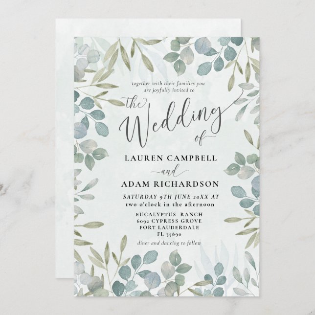 Rustic Sage Green Eucalyptus Watercolor Wedding  Invitation (Front/Back)
