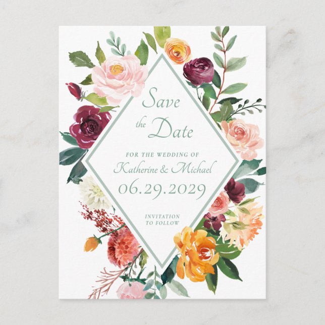Rustic Sage Green Fall Flowers Save The Date Postcard (Front)