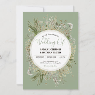 Rustic Sage Green Faux Pressed Flowers Wedding Invitation
