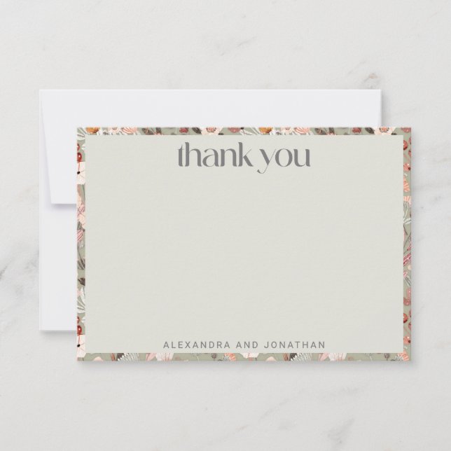 Rustic Sage Green Floral Boho Custom Wedding Thank You Card (Front)