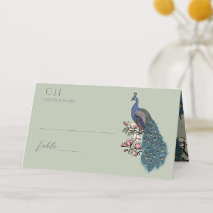 Rustic Sage Green Floral Peacock Wedding Place Card