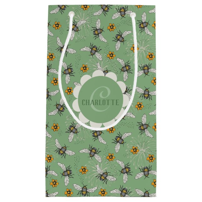 Rustic Sage Green Gender Neutral Bee Small Gift Bag (Front)