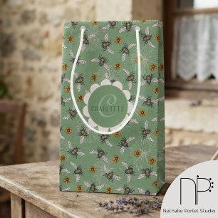 Rustic Sage Green Gender Neutral Bee Small Gift Bag