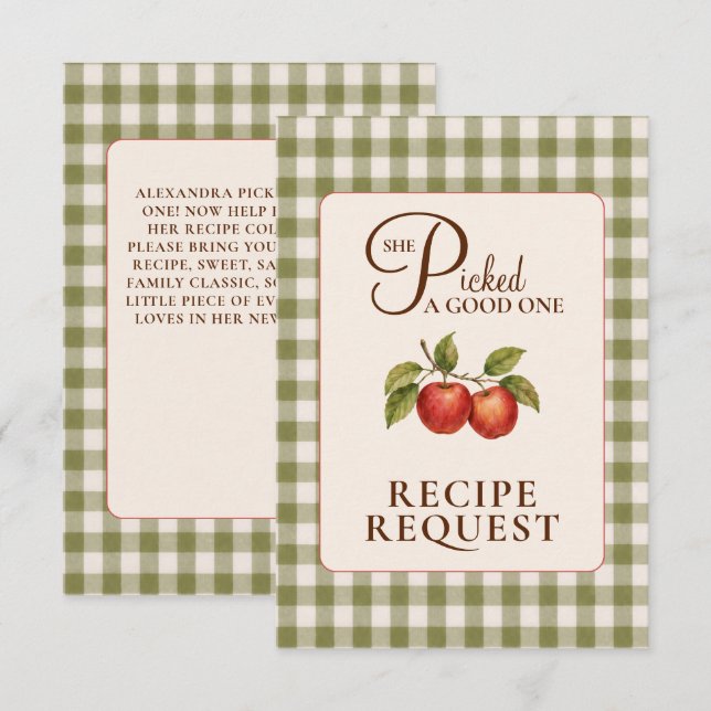 Rustic Sage Green Gingham Apple Bridal Shower Enclosure Card (Front/Back)