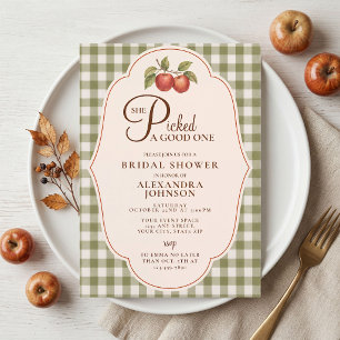 Rustic Sage Green Gingham Apple Bridal Shower Invitation