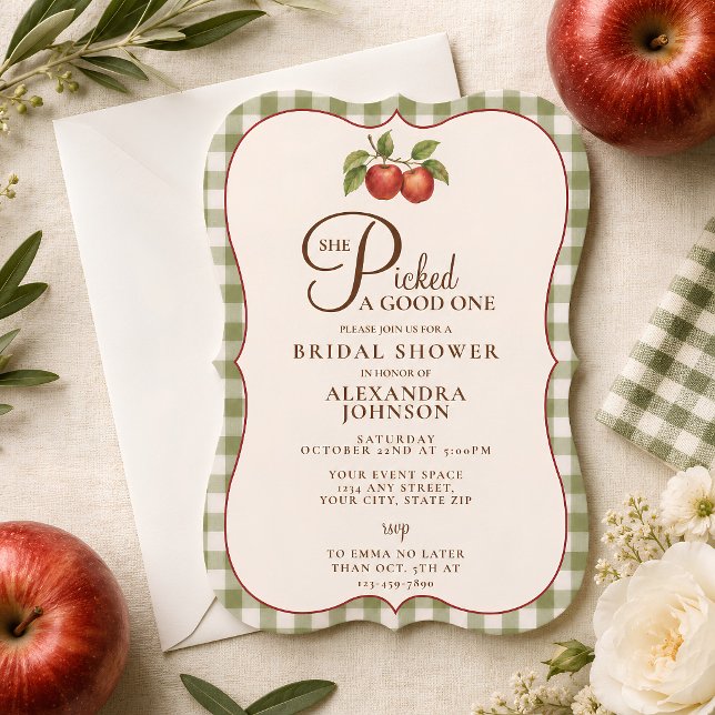 Rustic Sage Green Gingham Apple Bridal Shower Invitation (Creator Uploaded)