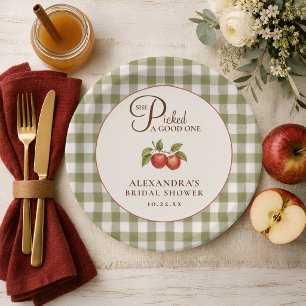 Rustic Sage Green Gingham Apple Bridal Shower Paper Plate