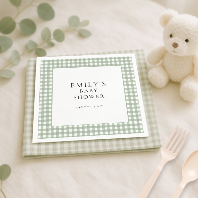 Rustic Sage Green Gingham Baby Shower Napkin (Creator Uploaded)