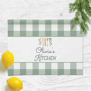 Rustic Sage Green Gingham Pattern Farmhouse Tea Towel