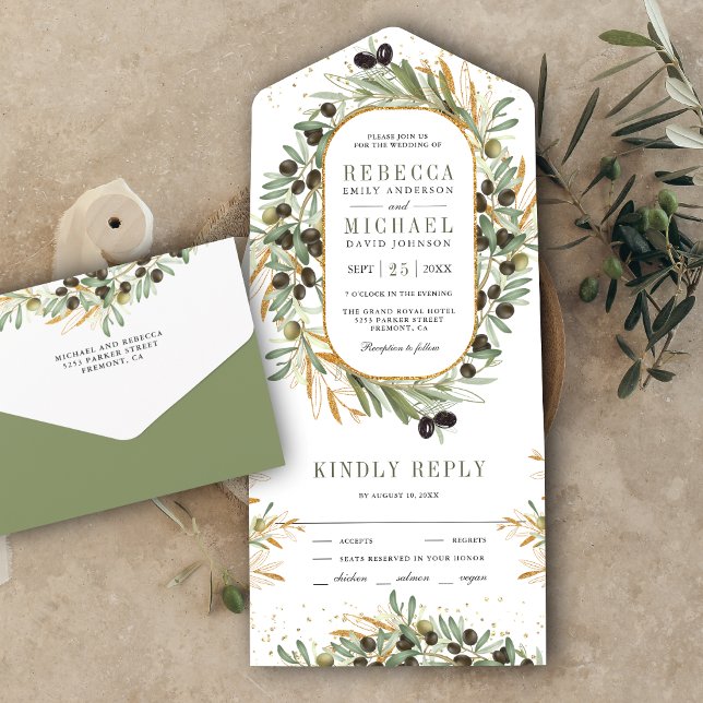 Rustic Sage Green Gold Olive Leaves Wedding All In One Invitation (Creator Uploaded)
