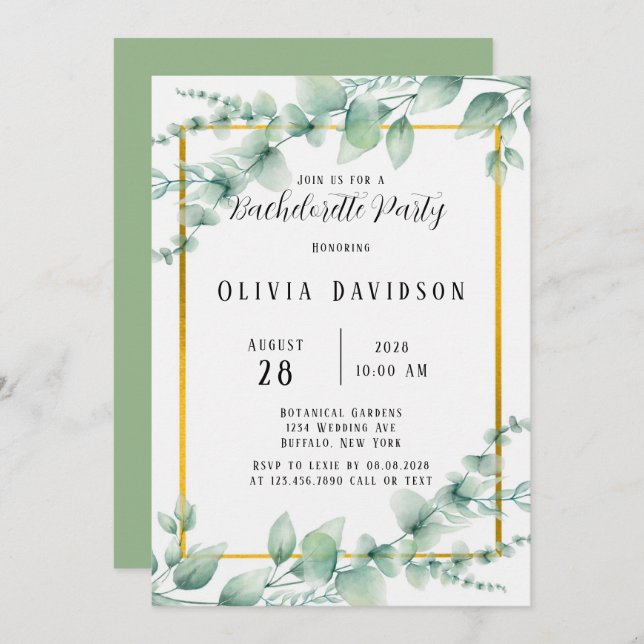 Rustic Sage Green Greenery Gold Bachelorette Party Invitation (Front/Back)
