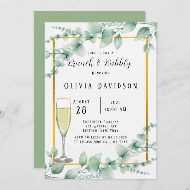 Rustic Sage Green Greenery Gold Brunch & Bubbly Invitation (Front/Back)