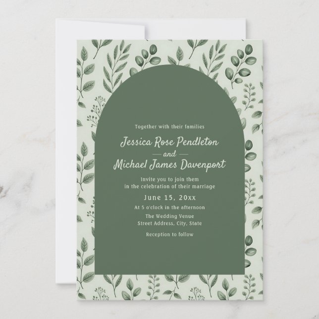 Rustic Sage Green Leaves Arch Photo Wedding Invitation (Front)
