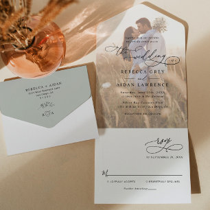 Rustic Sage Green Modern Photo Wedding All In One Invitation