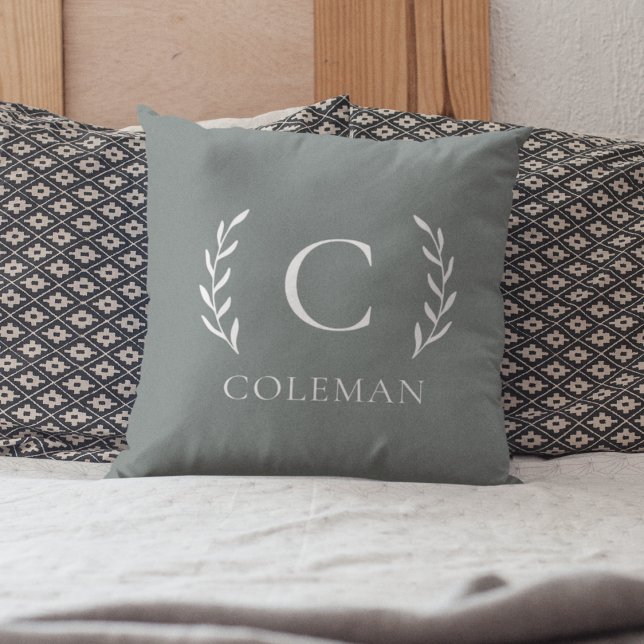 Rustic Sage Green Monogram Initial Indoor Outdoor Cushion (Creator Uploaded)