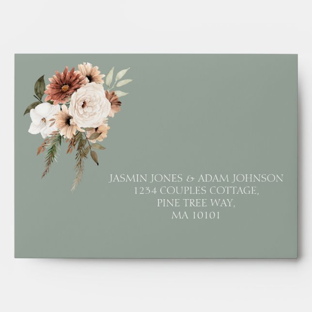 Rustic Sage Green Peach Floral Wedding Envelope (Front)