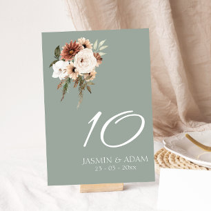 Rustic Sage Green Peach Floral Wedding Table Number