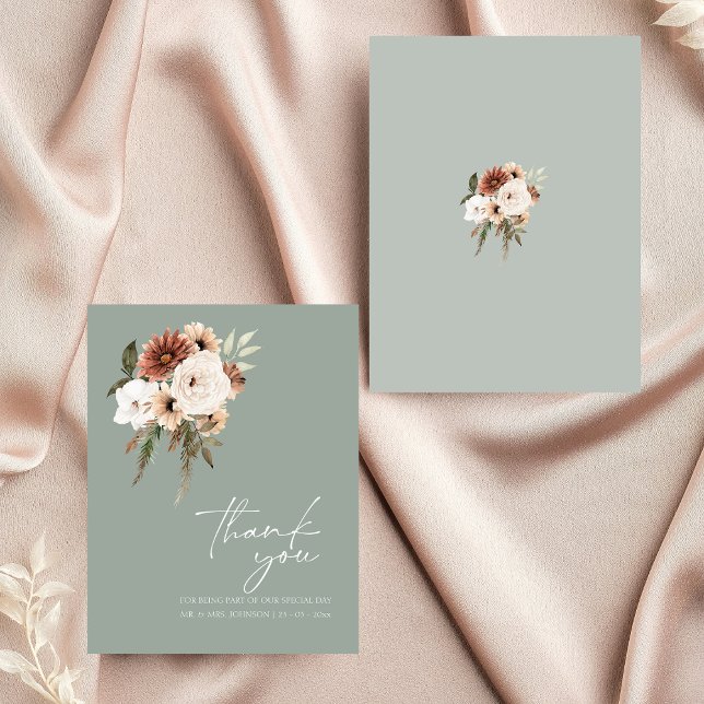 Rustic Sage Green Peach Floral Wedding Thank You (Rustic Sage Green Peach Floral Wedding Thank You Card)
