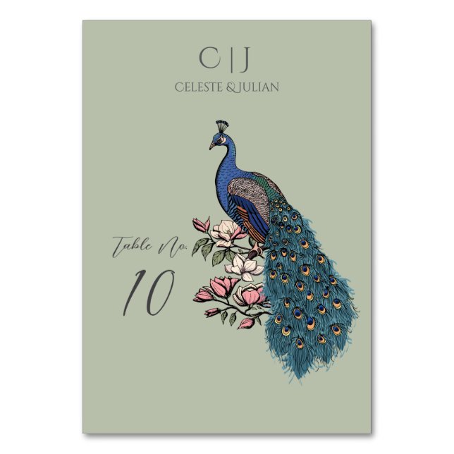 Rustic Sage Green Peacock Wedding Table Number (Front)