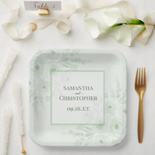 Rustic Sage Green Peonies Elegant Boho Wedding Paper Plate