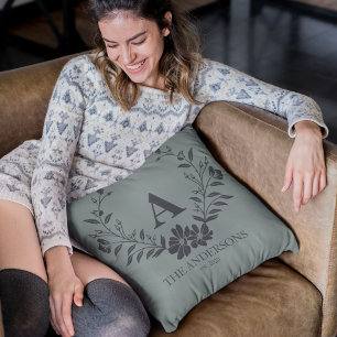 Rustic sage green personalised initial monogram cushion