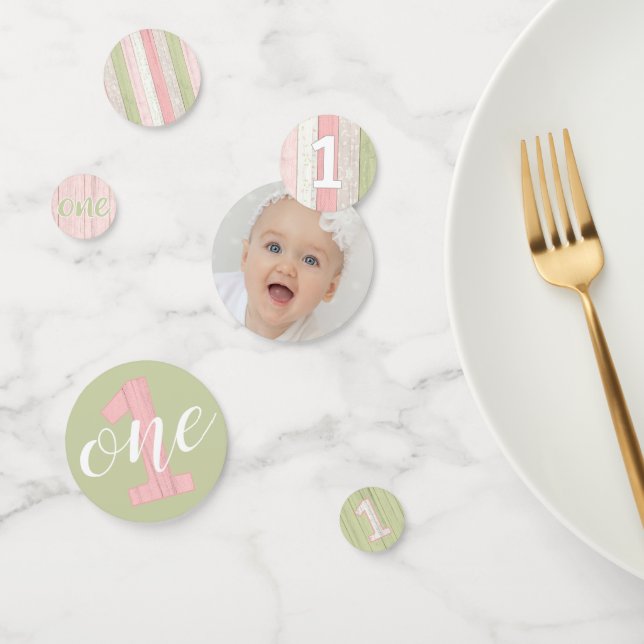 Rustic Sage Green & Pink Floral 1st Birthday Table Confetti (Group)
