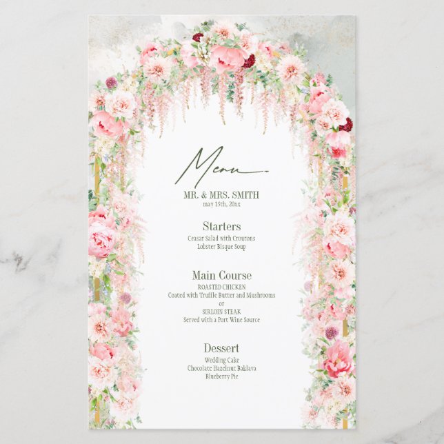 Rustic Sage Green & Pink Floral Arch Wedding Menu (Front)