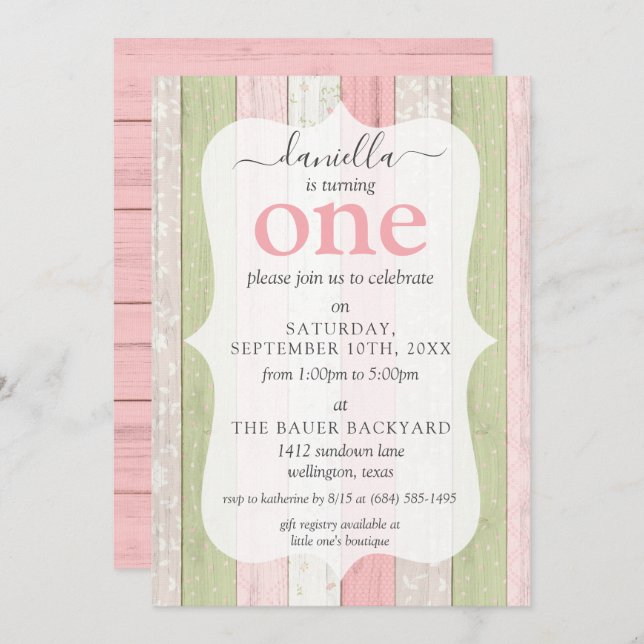 Rustic Sage Green & Pink Floral Wood 1st Birthday  Invitation (Front/Back)