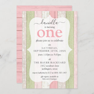Rustic Sage Green & Pink Floral Wood 1st Birthday  Invitation