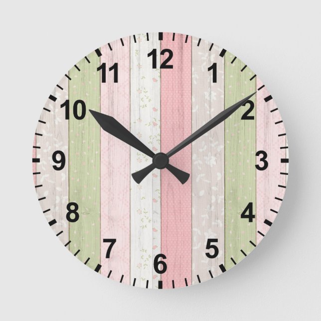 Rustic Sage Green & Pink Floral Wood Cottage Chic Round Clock (Front)